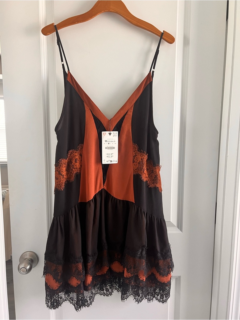 Zara Black and Rust Lace-Trim Midi Dress